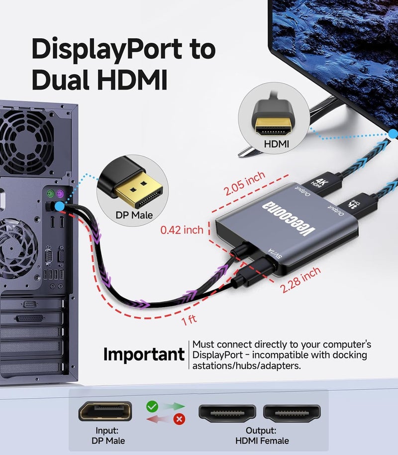 Veecoona DisplayPort to Dual HDMI Adapter 1 in 2 Out | 4K60Hz, DP Source to HDMI Splitter Extended Display port splitter for Dual monitors, for Desktop,Laptop,NVIDIA, AMD Graphics Card - MACOS Not Support MST - Image 5